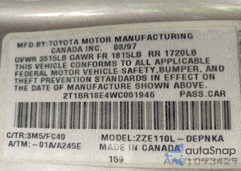 1998 Toyota Corolla Le из США, поврежденный, VIN 2T1BR18E4WC001946